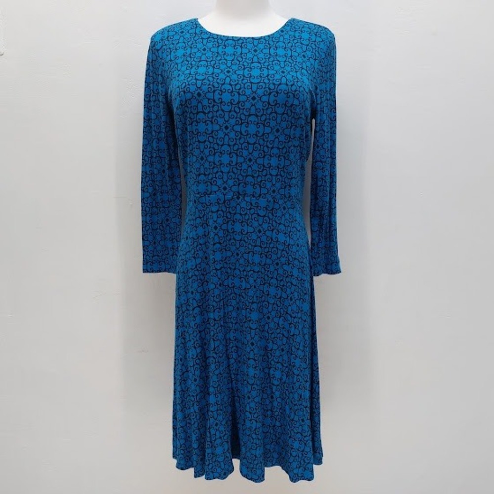 LOFT Fit & Flare Dress Women's Small Petite Blue Black Scroll Midi Classic Work